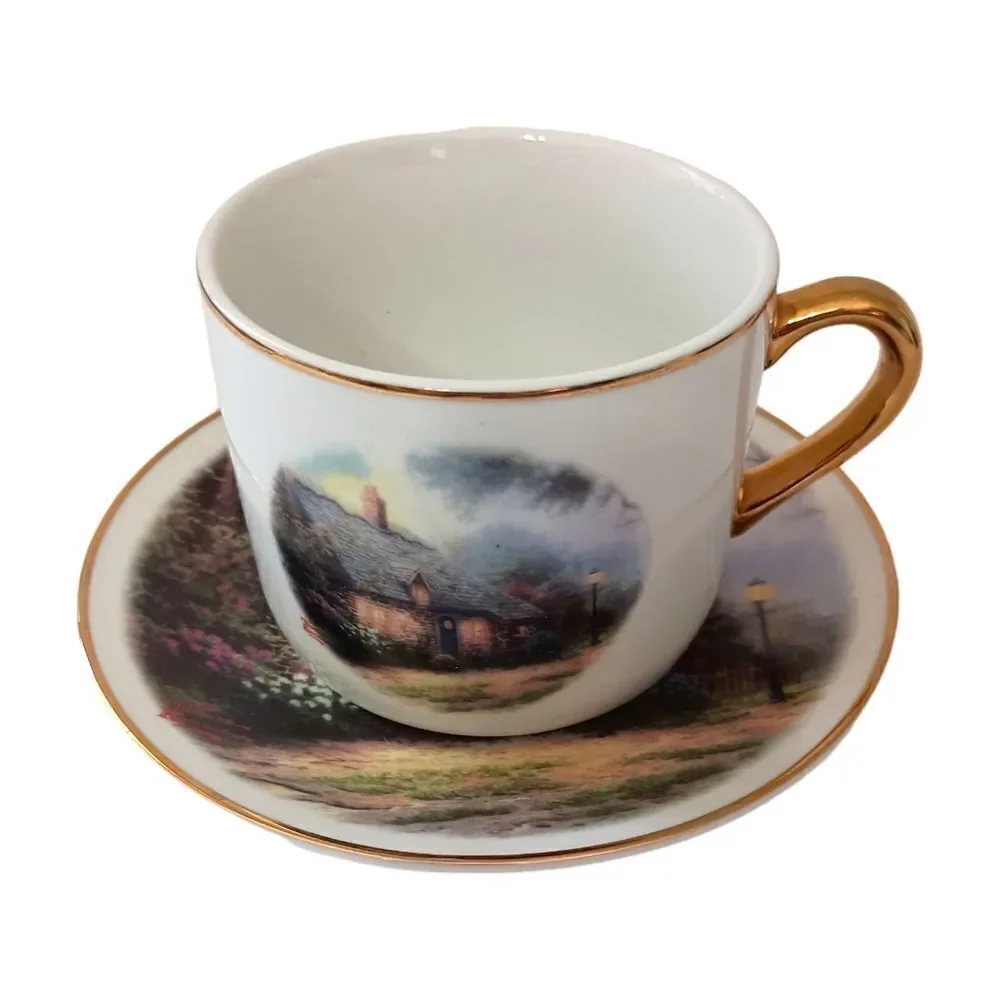 Thomas Kinkade Moonlight Cottage Tea Cup Saucer‎ Vase Teleflora Gold Trim Set